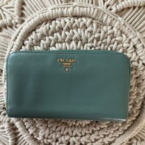 Prada Saffiano Leather Round Zip Long Wallet Blue Authentic